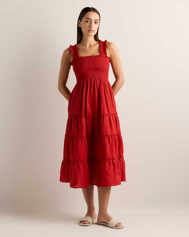 Chile 100% European Linen Smocked Midi Dress