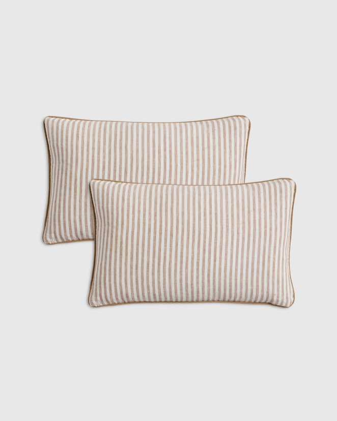 Latte/White Stripe Piped Linen Stripe Pillow Cover (Set of 2)