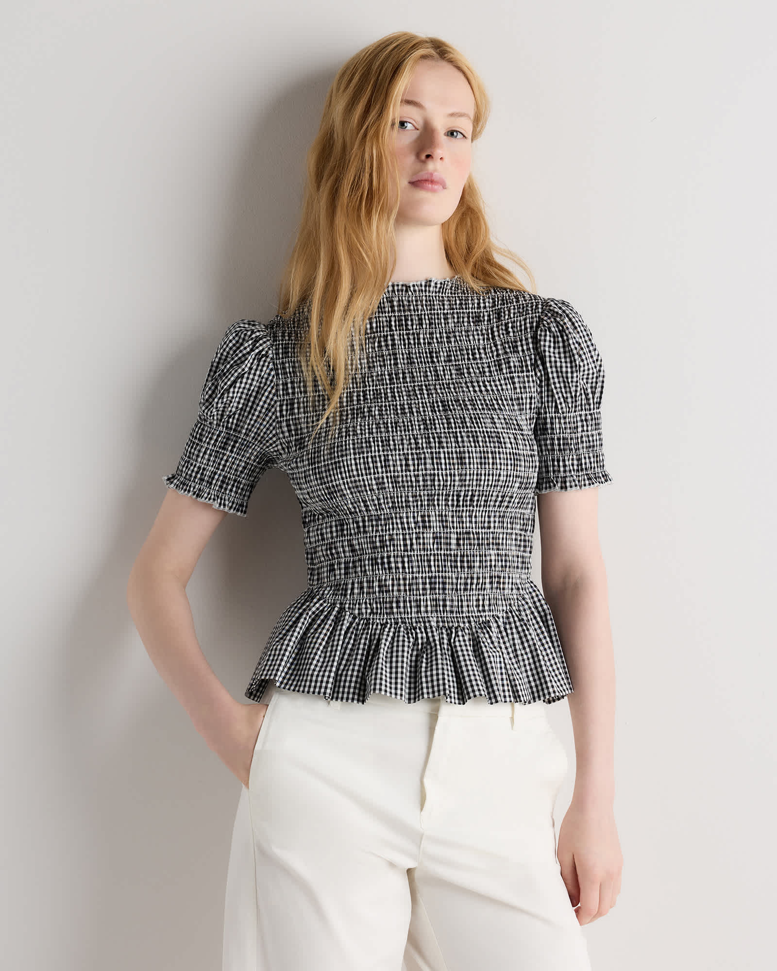 Classic Mini Gingham Cotton Viscose Voile Smocked Peplum Top