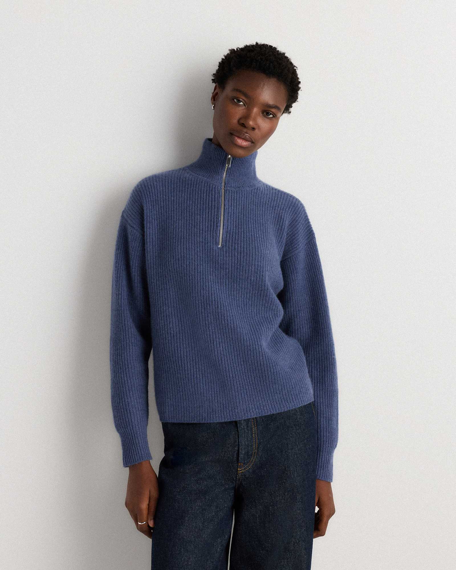 heather-storm-blue Mongolian Cashmere Fisherman Quarter Zip Sweater
