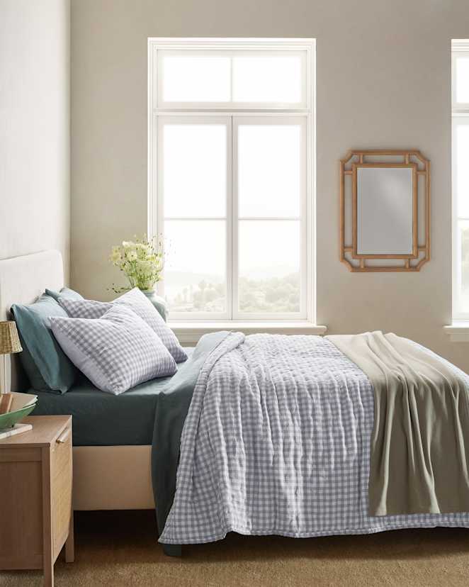 Light Blue Gingham European Linen Patterned Quilt