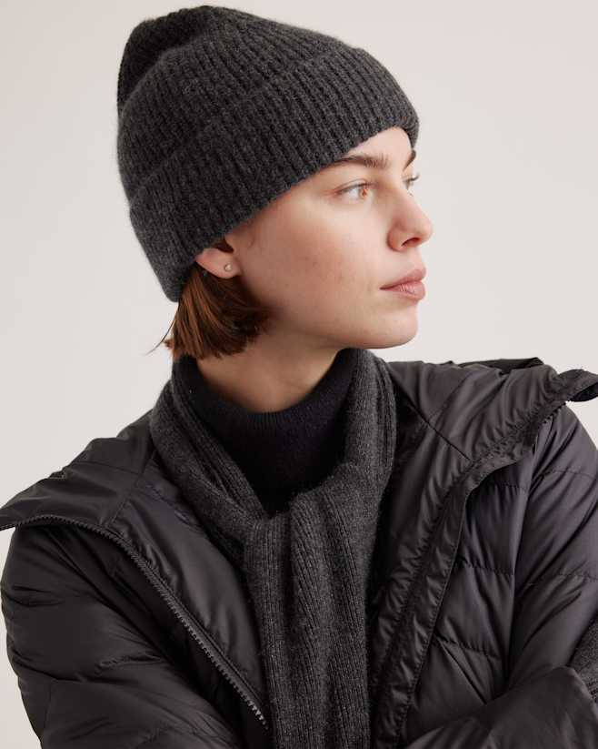 Heather Charcoal Mongolian Cashmere Ribbed Beanie