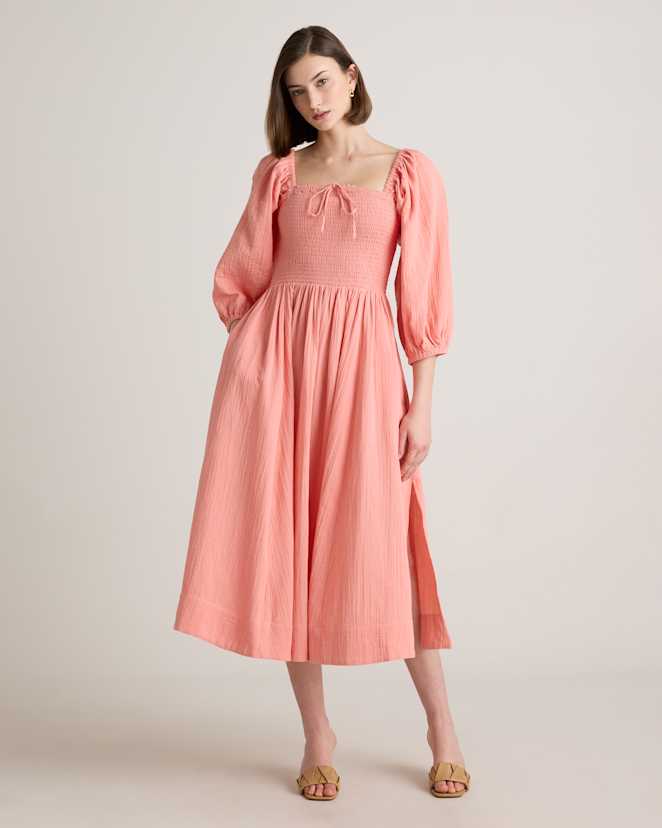 Coral Blush 100% Organic Cotton Gauze Smocked Square Neck Midi Dress
