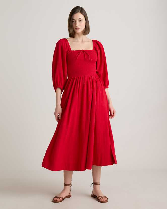 Wild Cherry 100% Organic Cotton Gauze Smocked Square Neck Midi Dress