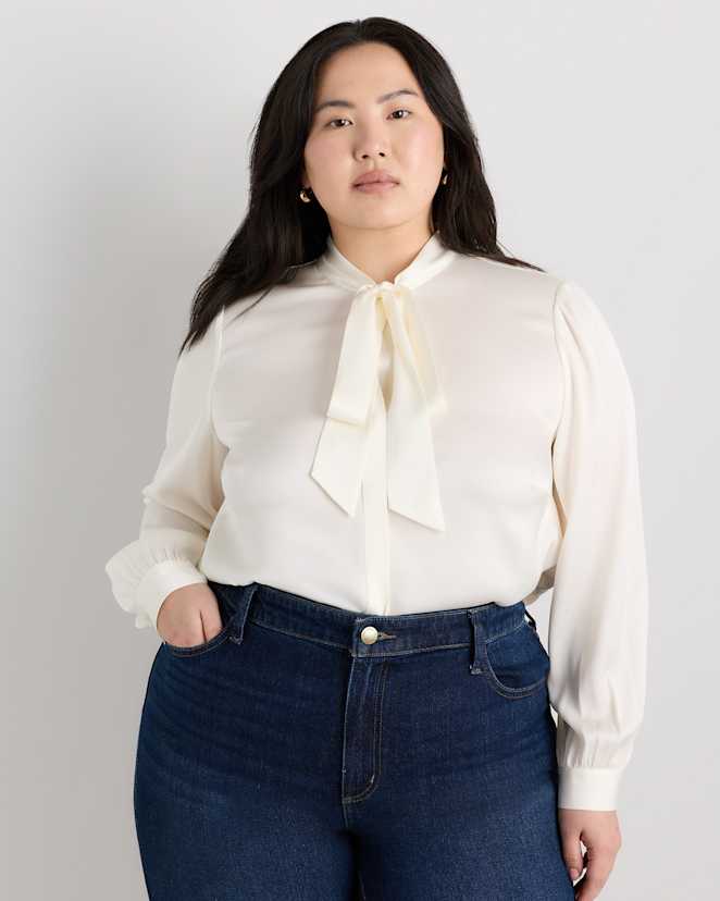 Ivory Washable Stretch Silk Tie Neck Blouse