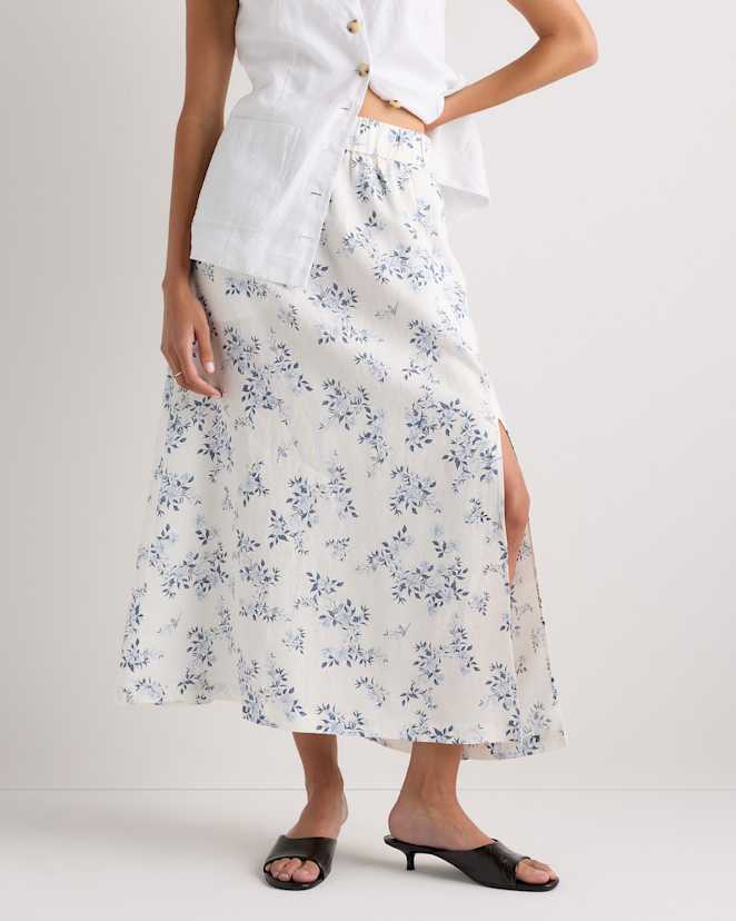 Ivory Porcelain Blue Petite Floral 100% European Linen Maxi Skirt