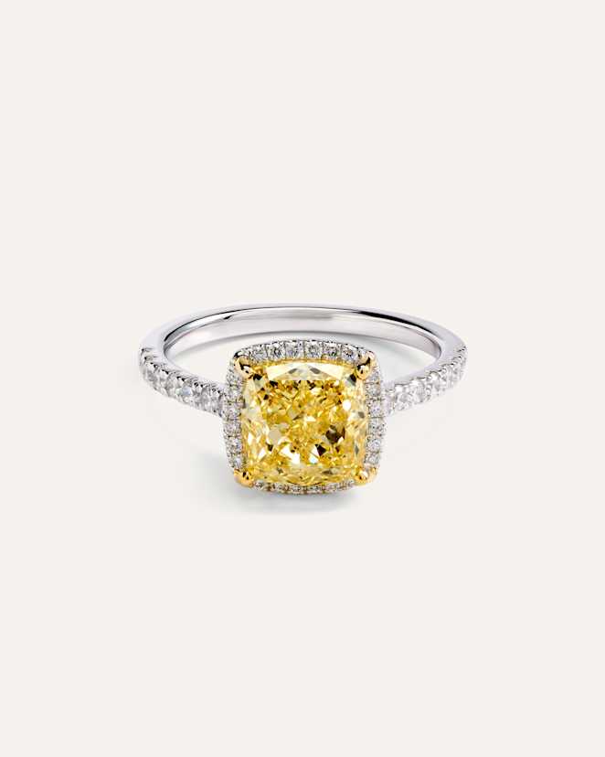 No Color 14K Gold Yellow Lab Grown Diamond Cushion Halo Engagement Ring - 3ct