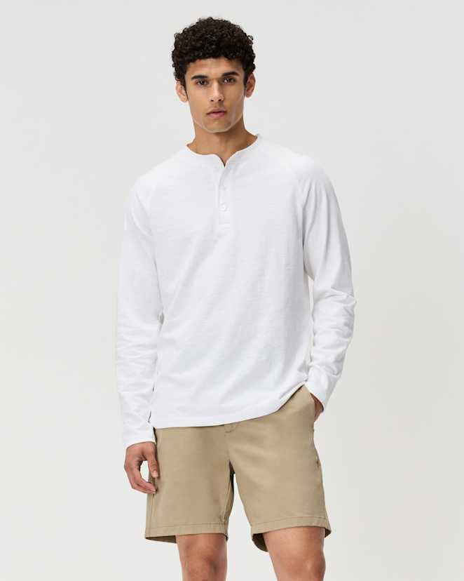 Classic White T-shirt Henley à manches longues 100 % coton biologique flammé