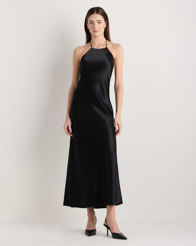 True Black 100% Washable Silk Halter Maxi Dress