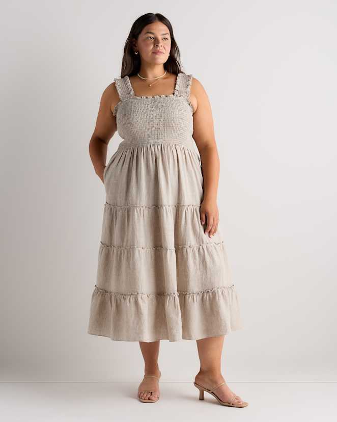 Flax Robe midi 100 % lin européen à smocks pour femmes tailles plus