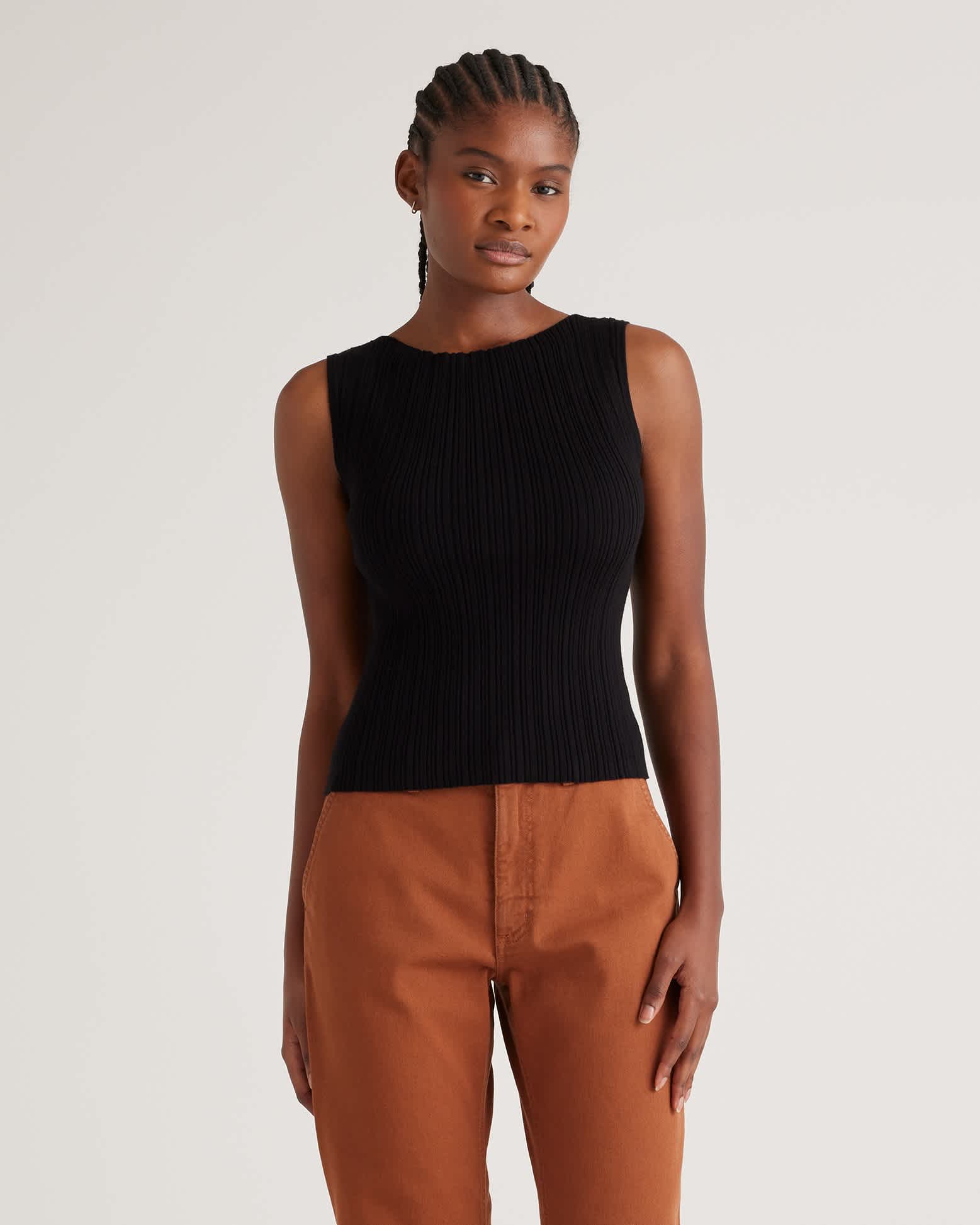 black Cotton Cashmere Ribbed Tank