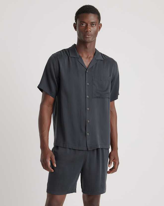 Black 100% Washable Silk Button Down Short Set