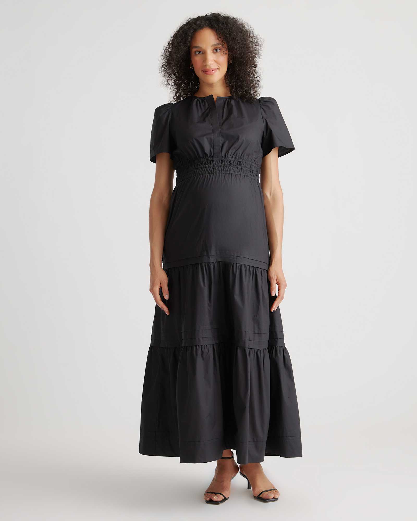 black 100% Organic Cotton Poplin Maternity Tiered Maxi Dress