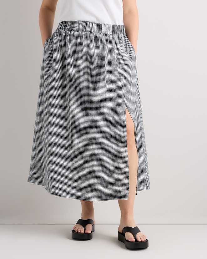 Classic Mini Gingham Women's Plus Size 100% European Linen Maxi Skirt