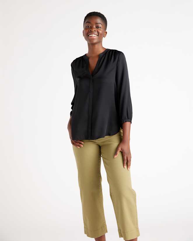 Black Washable Stretch Silk Pleat Back Blouse