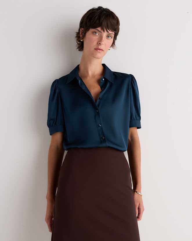 Stratus Blue Chemisier en soie extensible lavable à manches bouffantes