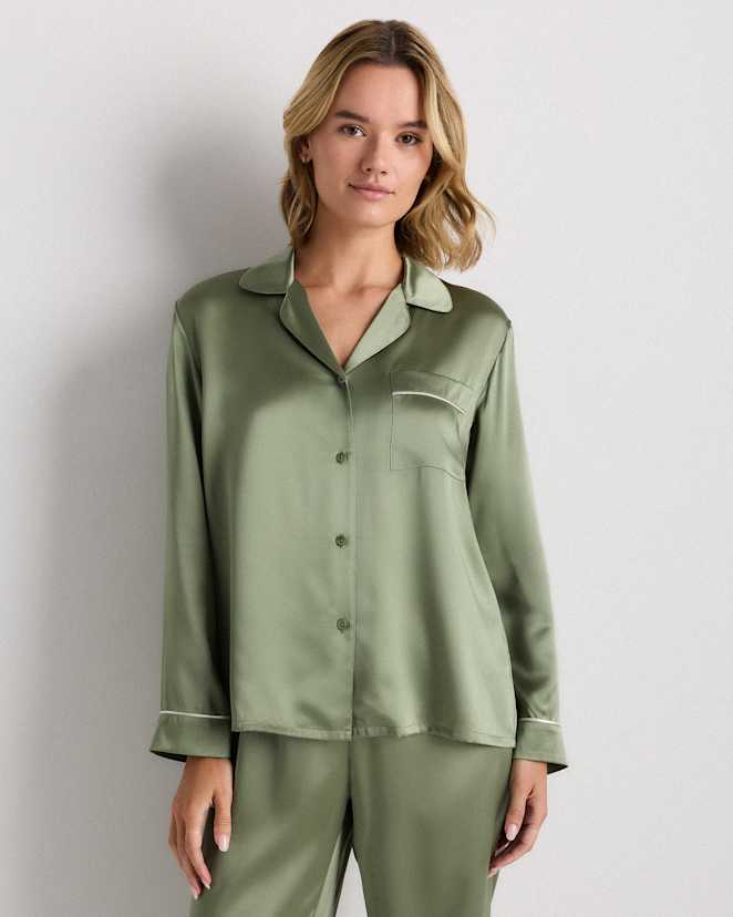 Moss Green 100% Washable Silk Satin Pajama Long Sleeve Top