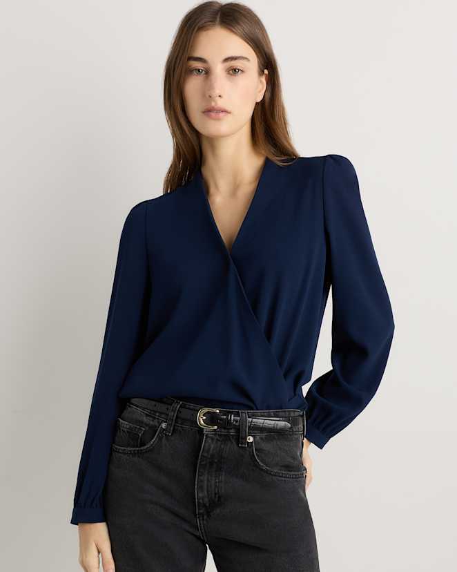 Textured Navy Fluid Crepe Surplice Long Sleeve Blouse