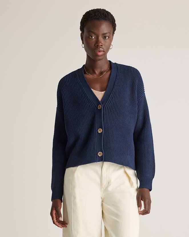 Navy 100% Organic Cotton Fisherman Boxy Cropped Cardigan