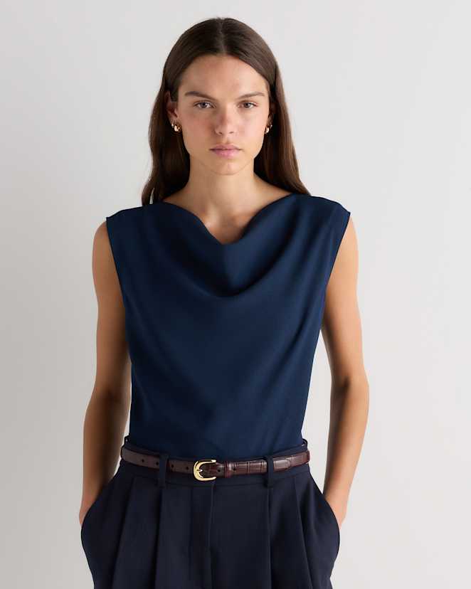 Riviera Navy Draped Matte Cowl Neck Tank