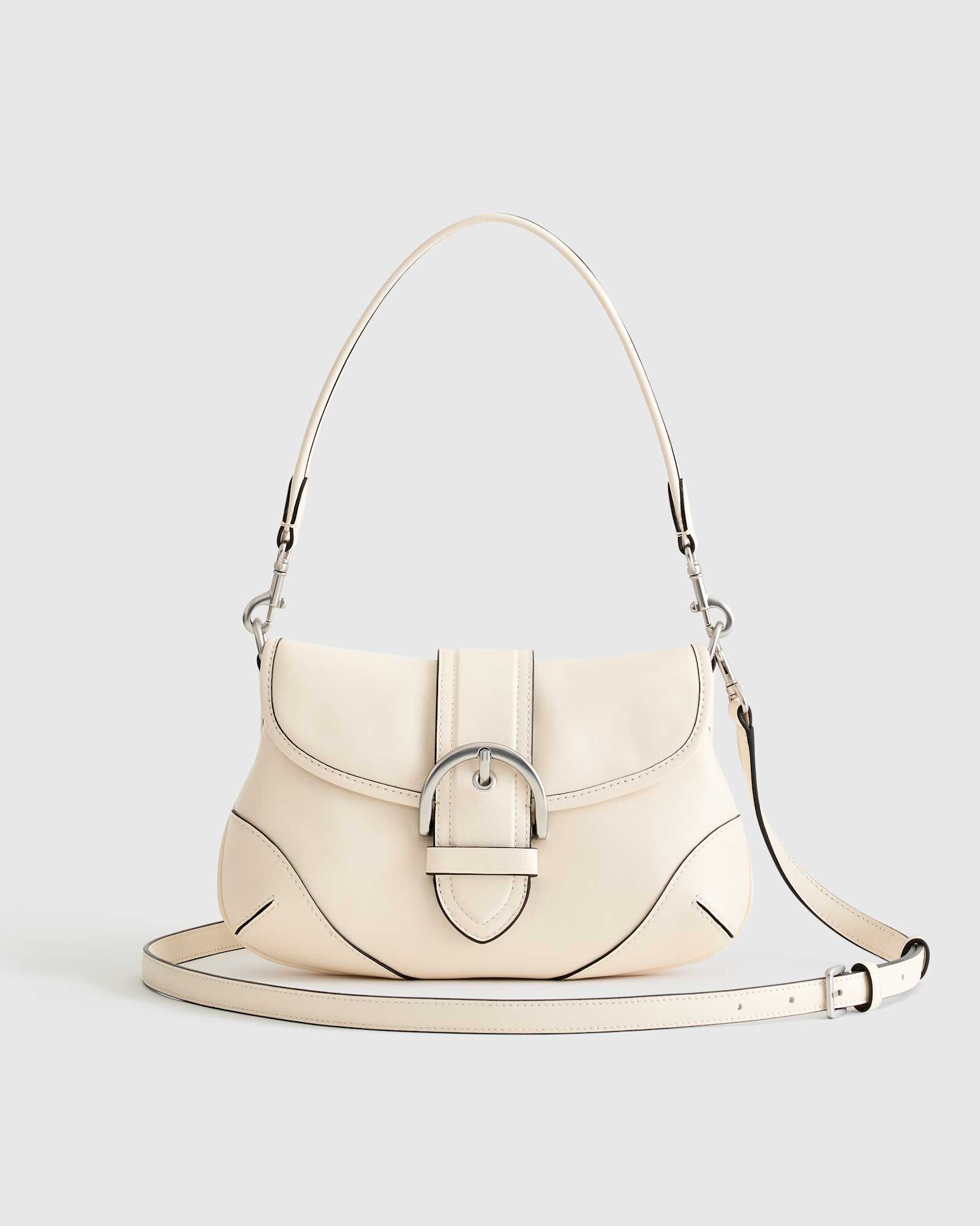 bone Italian Leather Buckle Detail Shoulder Bag