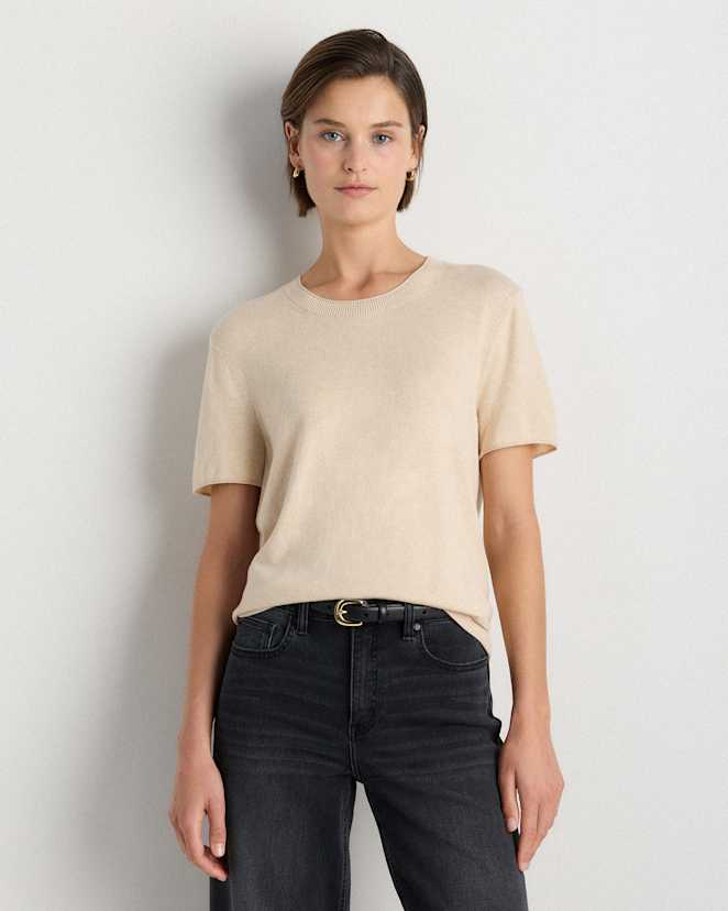 Heather Oatmeal T-shirt style pull décontracté léger en coton et cachemire