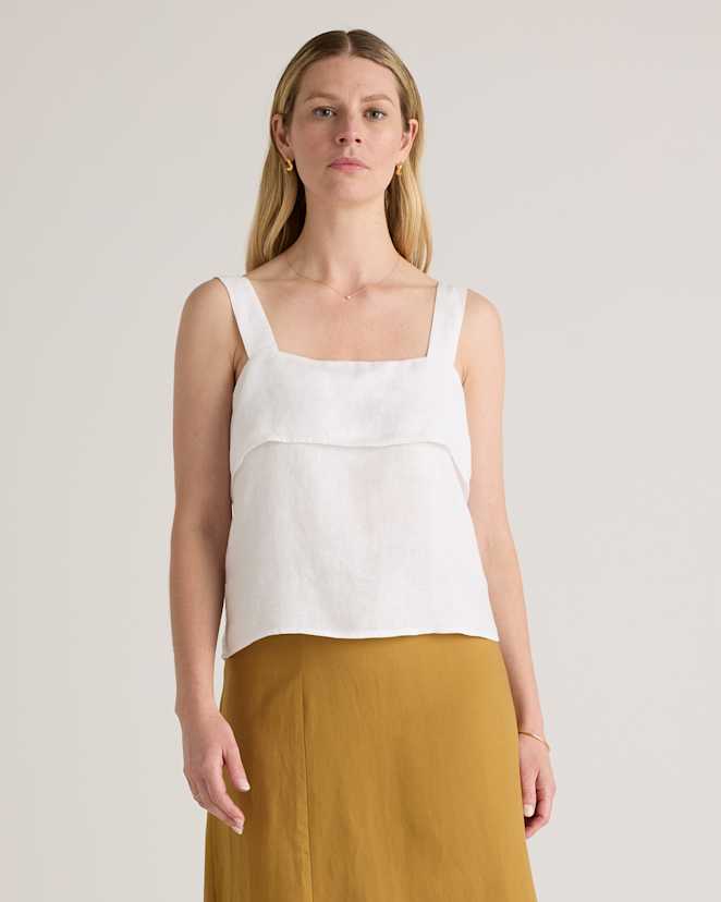 White 100% European Linen Square Neck Tank