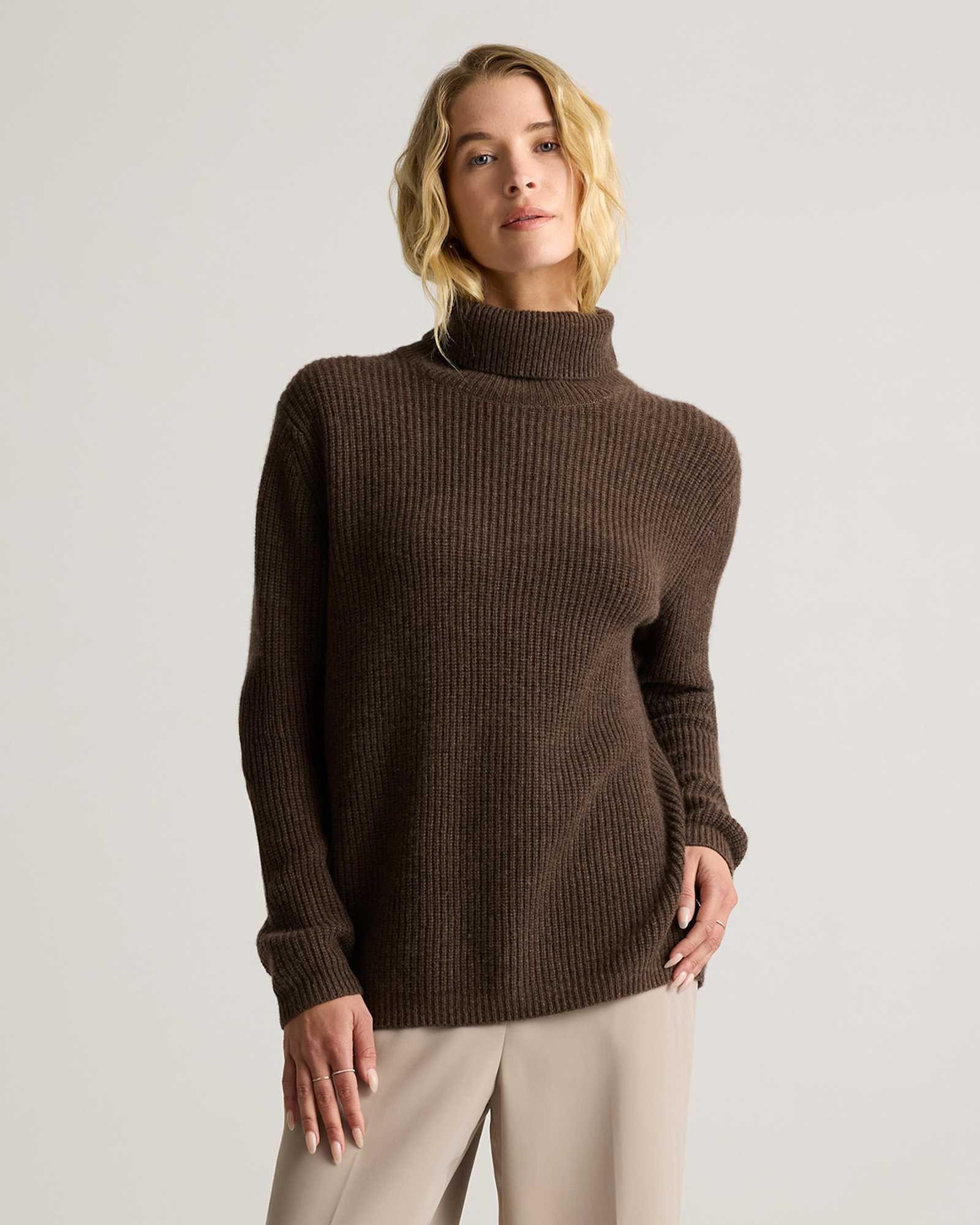 brown Mongolian Cashmere Fisherman Turtleneck Sweater