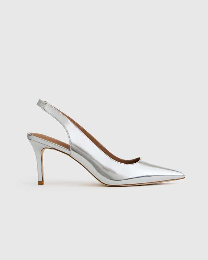 Shiny Silver Italian Leather Slingback 75mm Heel