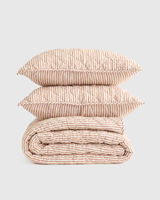 Terracotta/White Stripe European Linen Stripe Quilt Set