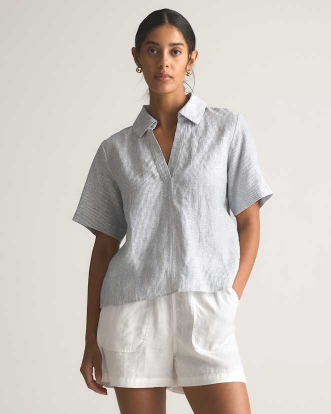 Blue Pinstripe 100% European Linen Short Sleeve Popover Top