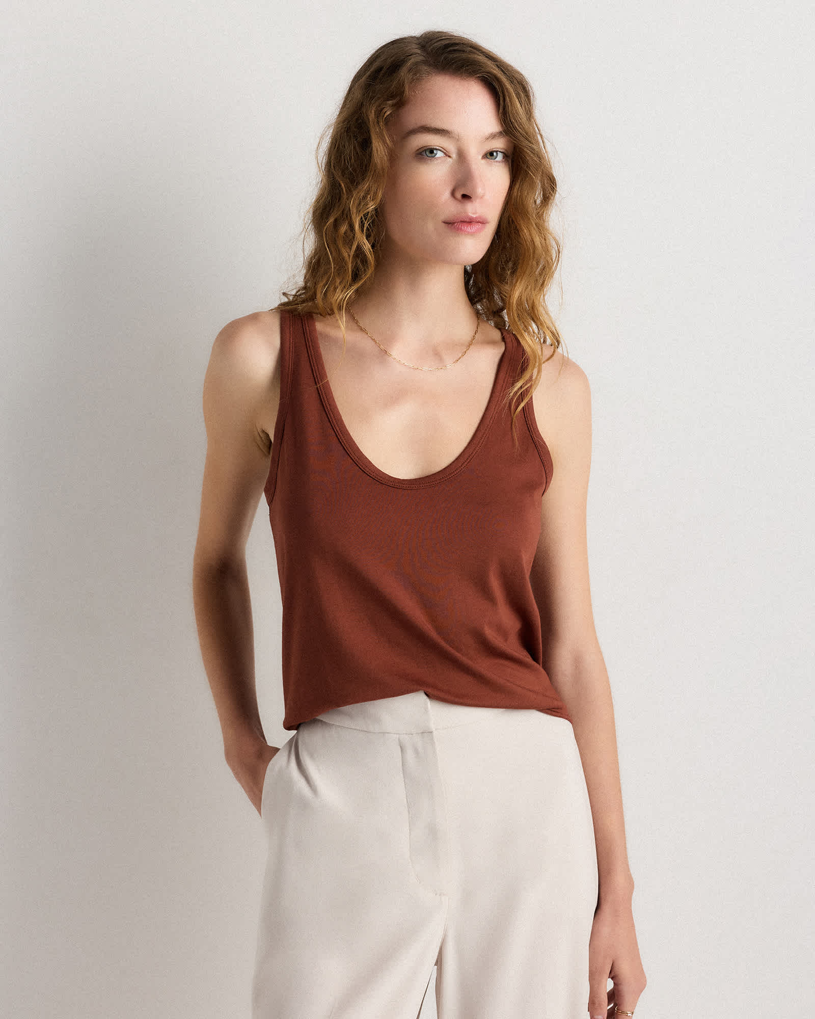 Redwood Brown Cotton Modal Double Scoop Neck Tank