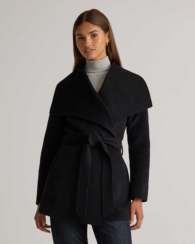 Black Double-Faced Merino Wool Draped Collar Short Wrap Coat