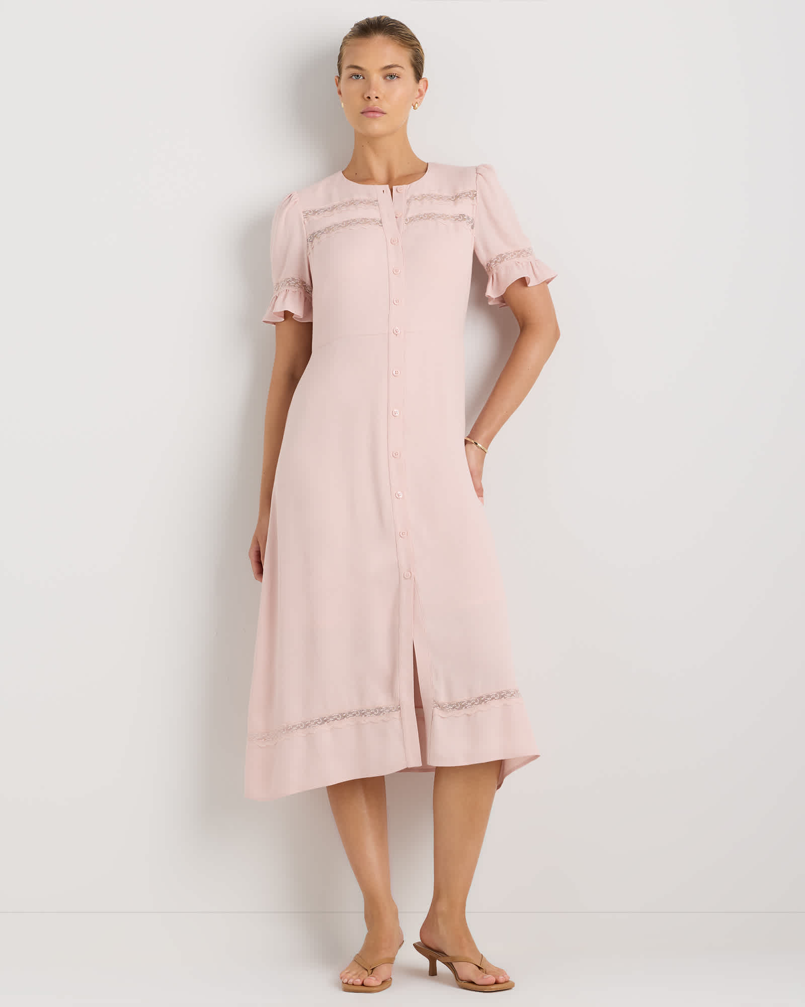 shell-pink Lightweight Crepe Lace Inset Midi Dress
