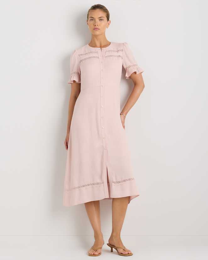 Shell Pink Lightweight Crepe Lace Inset Midi Dress