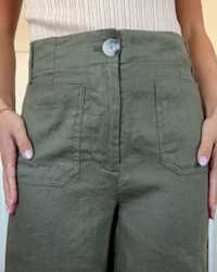 100- European Linen Patch Pocket Wide Leg Flax BayberryOlive GabbyCrays 4x5 THUMBNAIL