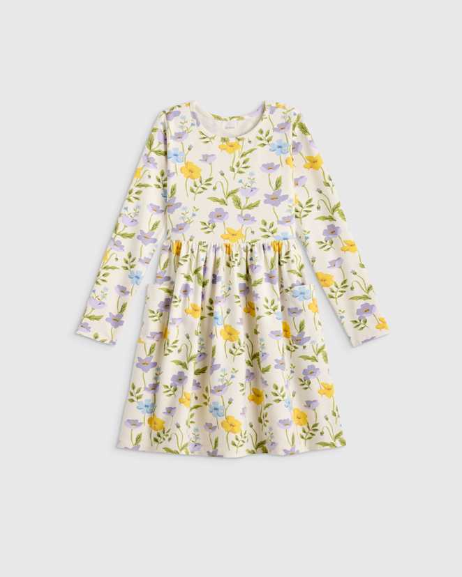 Purple Poppy Garden Organic Cotton Long Sleeve Fit and Flare Pocket Dress