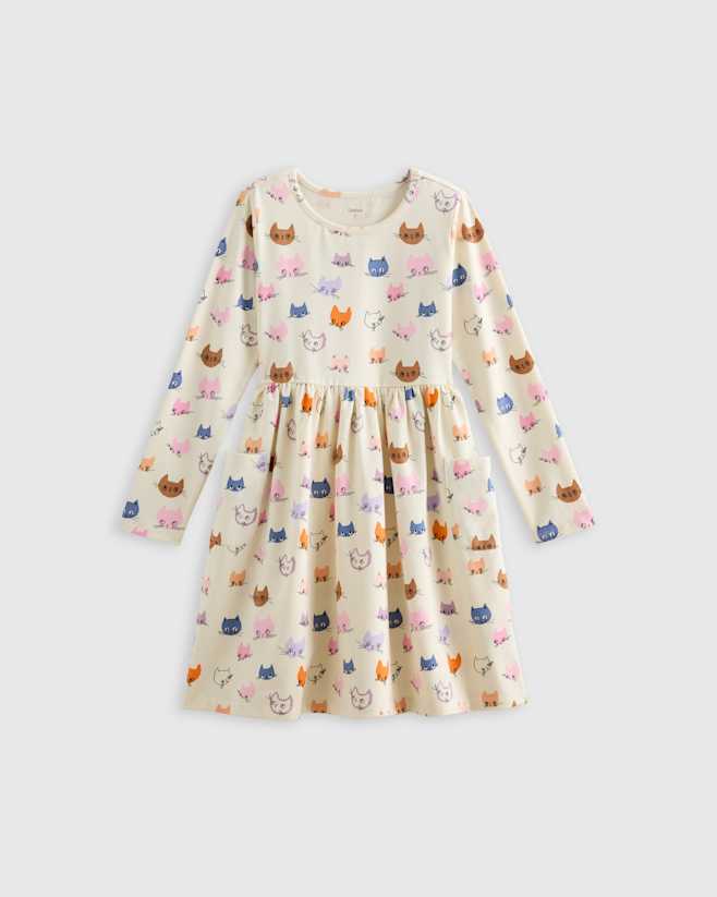 Cat Faces Organic Cotton Long Sleeve Fit and Flare Pocket Dress