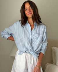 100- Organic Cotton Gauze Long Sleeve Shirt Bayside Stripe Blue White Victoria Schneider 4x5