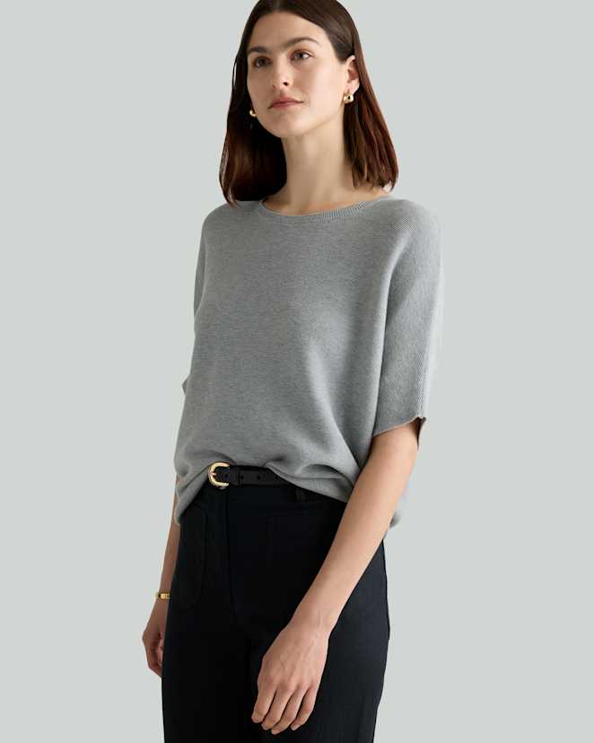 Heather Grey Lightweight Cotton Cashmere Link-Stitch Dolman Sweater