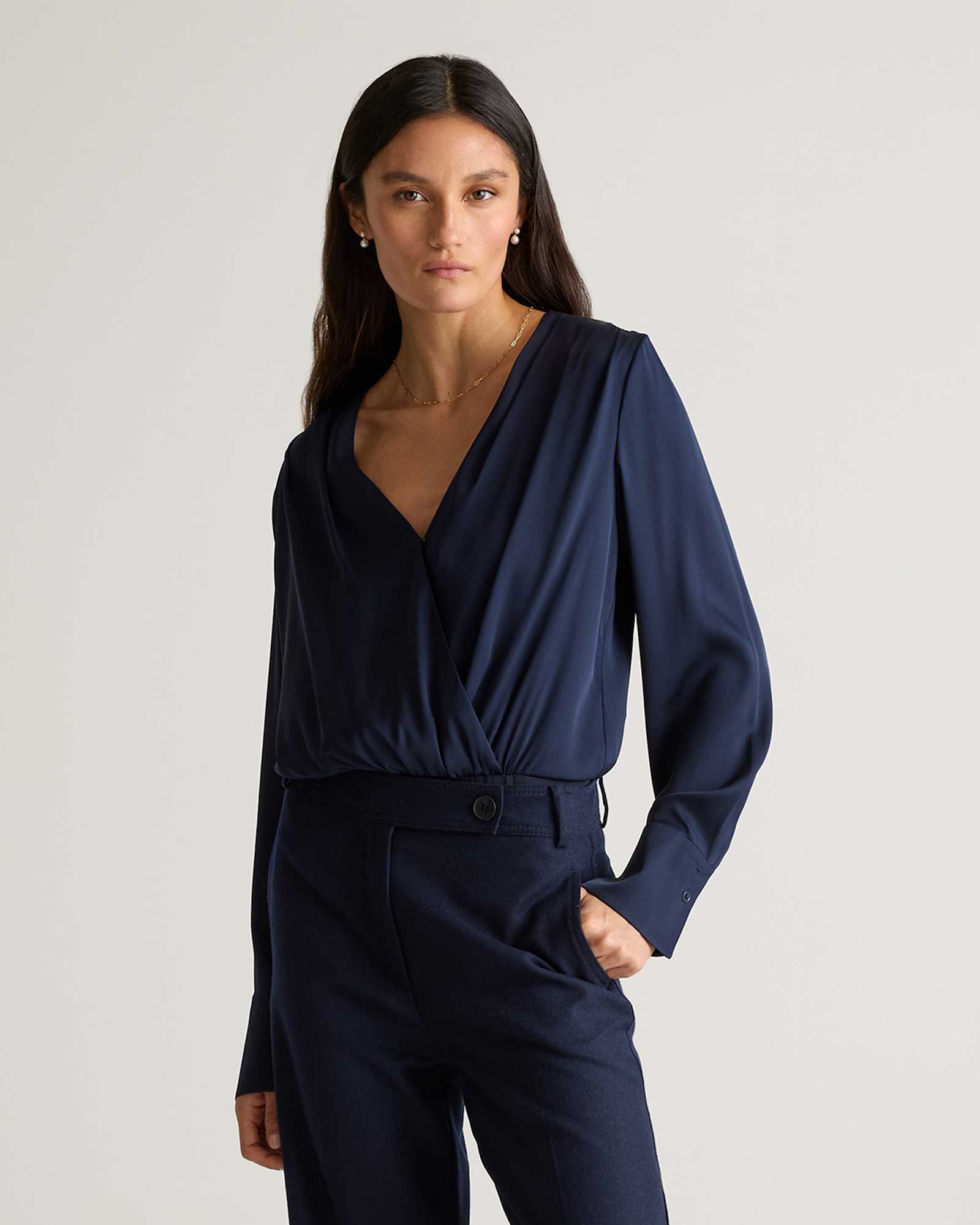 navy Washable Stretch Silk Surplice Bodysuit