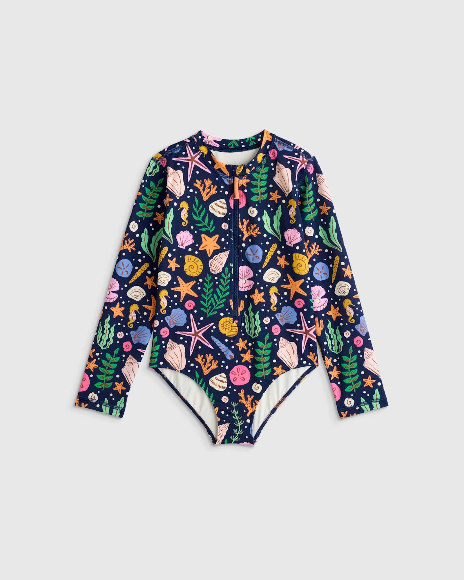 navy-seashells Long Sleeve Zip-Up Swimsuit