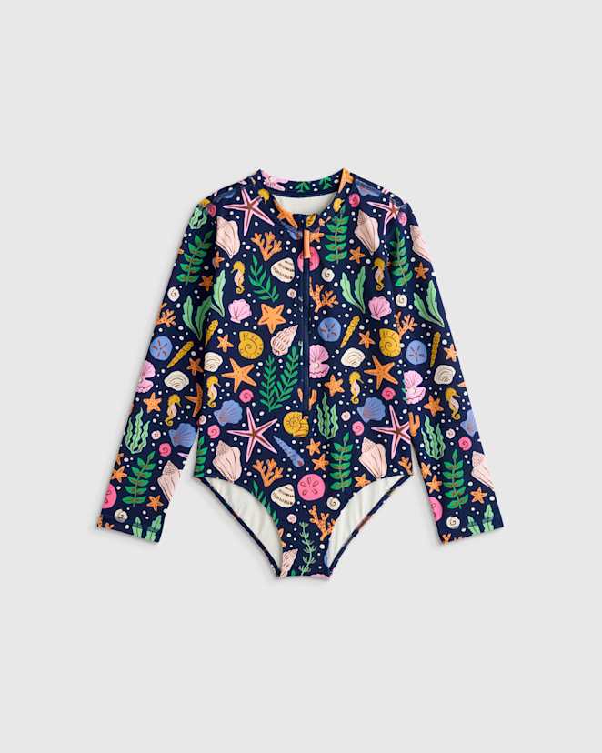 Navy Seashells Long Sleeve Zip-Up Swimsuit