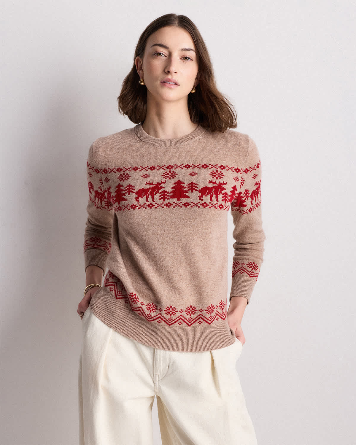 holiday sweater women Oatmeal/Varsity Red Mongolian Cashmere Fair Isle Christmas Sweater