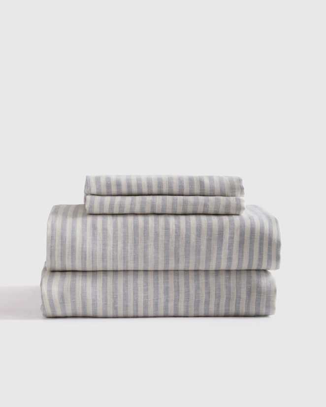Mist/White Stripe European Linen Stripe Sheet Set