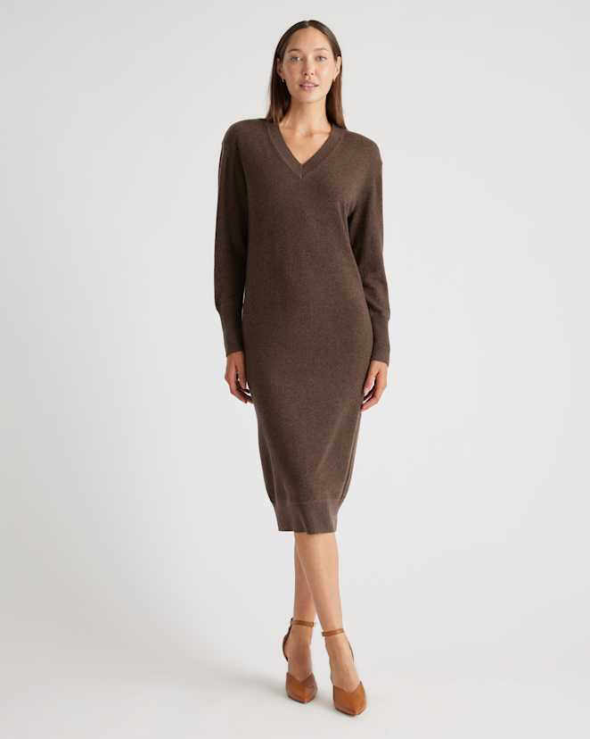 Brown Mongolian Cashmere V-Neck Midi Sweater Dress