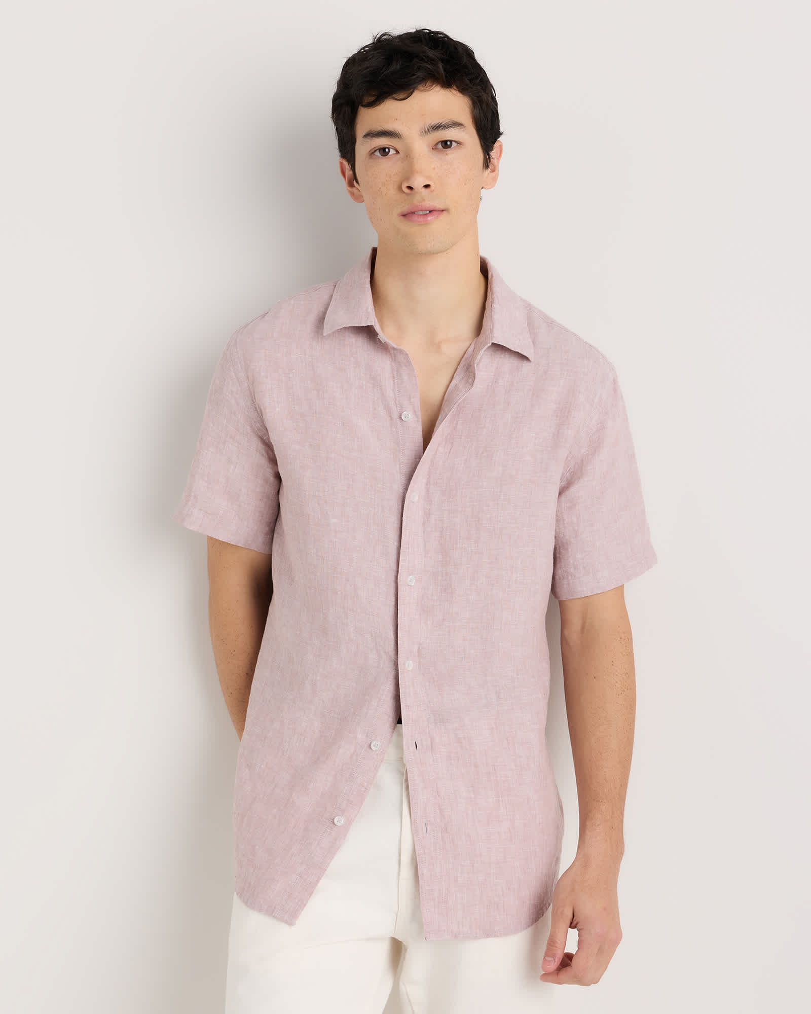 vintage-pink-chambray 100% European Linen Relaxed Short Sleeve Shirt