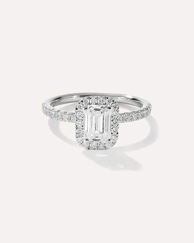 White Gold Lab Grown Diamond Emerald Halo Pave Engagement Ring - 1ct