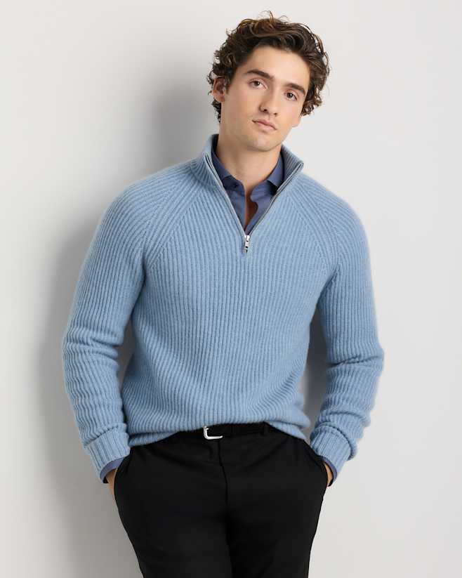 M-SWT-24-FDDNM-01 EDITED Faded Denim Mongolian Cashmere Fisherman Quarter Zip Sweater