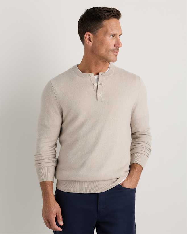 M-SWT-21-HEACLO 02 EDITED Heather Cloud Beige Mongolian Cashmere Henley Sweater